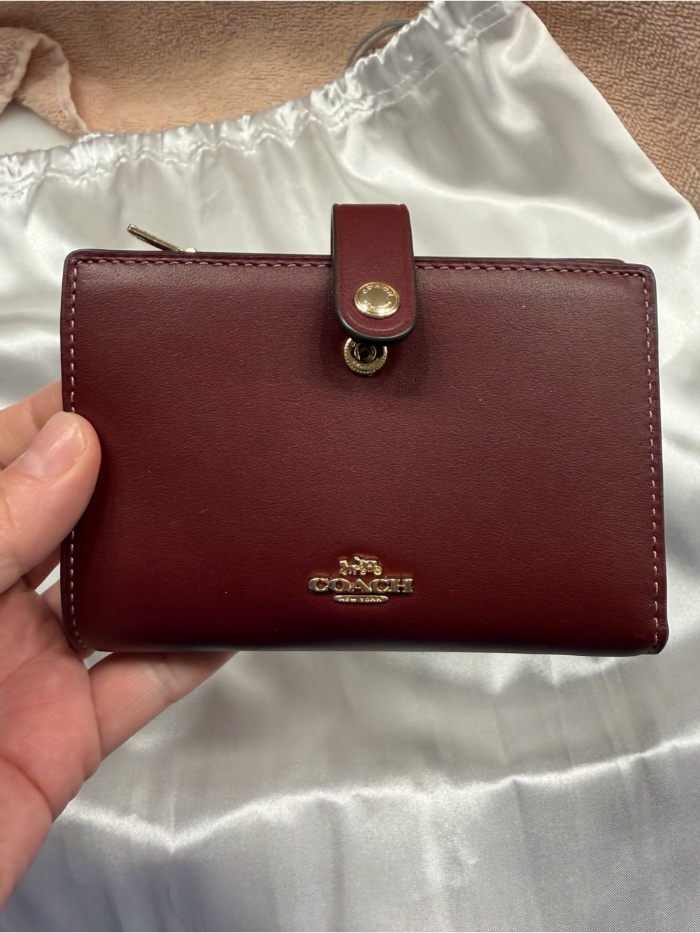 Coach Maroon Leather Snap Compact Wallet with Gold Hardware